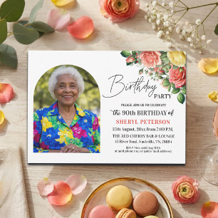 Convites Elegante Floral com Foto Aniversário de 90 anos 