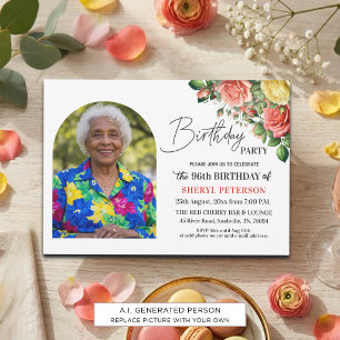 Convites Elegante Floral com Foto Aniversário de 96 anos