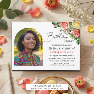 Convites Elegante Floral com Foto de Aniversário de 29 Anos