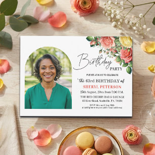 Convites Elegante Floral com Foto de Aniversário de 63 anos