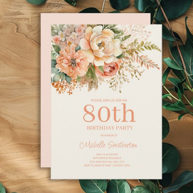Convites Elegante Floral Creme de Pêssego 80º Aniversário (Peach and cream floral 80th birthday party invitation)