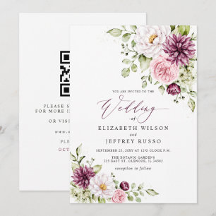 Convites Elegante Floral de Ameixa Outono Inverno Código QR