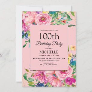 Convites Elegante Floral de Aniversário em Aquarela Rosa