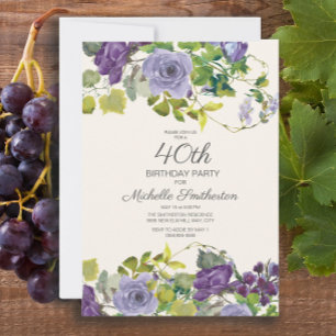 Convites Elegante Floral de Aquarela Roxa 40º Aniversário