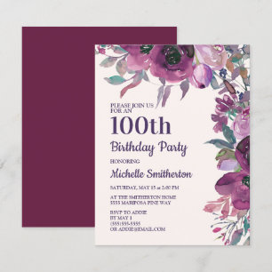 Convites Elegante Floral de Aquarela Roxa Aniversário de 10