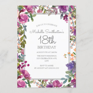 Convites Elegante Floral de Aquarela Roxa para 18º Aniversá