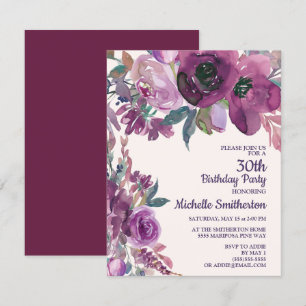 Convites Elegante Floral de Aquarela Roxa para Aniversário 