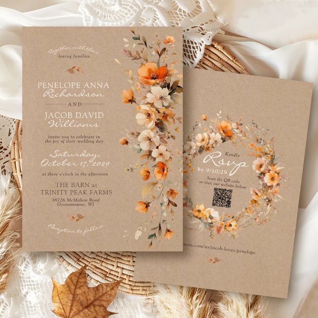 Convites Elegante Floral de Outono Rústico Kraft Casamento  (Elegant Fall floral rustic kraft modern watercolor flowers boho QR code Autumn wedding invitation)
