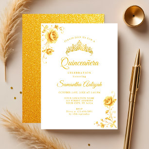 Convites Elegante Floral Dourada Branco e Dourado Quinceane