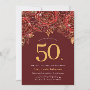 Convites Elegante Floral Dourada Burgundy 50º Aniversário