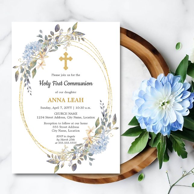 Convites Elegante Floral Dourada Cross First Communance (Beautiful gold cross and floral holy first communion invite front view.)