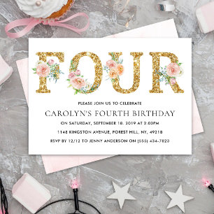 Convites Elegante Floral Dourada Glitter 4. º Aniversário