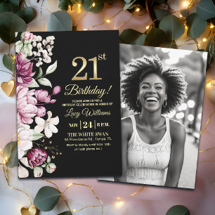 Convites Elegante Floral Dourado 21 Aniversário Foto