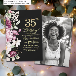 Convites Elegante Floral Dourado 35 Aniversário Foto