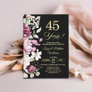 Convites Elegante Floral Dourado 45º Aniversário de Casamen