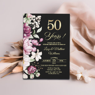 Convites Elegante Floral Dourado 50º Aniversário de Casamen