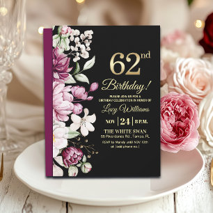 Convites Elegante Floral Dourado 62 Aniversário