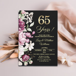 Convites Elegante Floral Dourado 65º Aniversário de Casamen