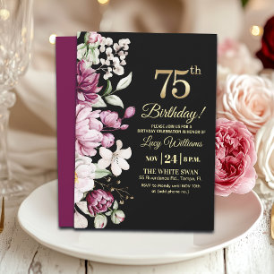 Convites Elegante Floral Dourado 75 Aniversário