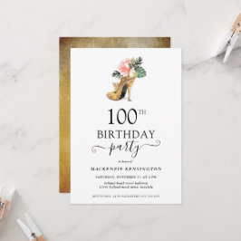 Convites Elegante Floral Dourado Alto Salto 100º Aniversári