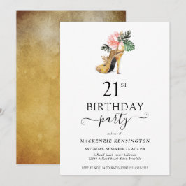 Convites Elegante Floral Dourado aniversário de 21 anos de 