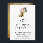 Convites Elegante Floral Dourado aniversário de 30 anos de<br><div class="desc">Convite de festas de aniversário de 30 anos de alto salto Dourado Tropical Floral Dourada moderna Elegante, apresentando o nosso glamoroso brilho de ouro amarelo brilhante, cercado por flores tropicais cor-de-rosa e verde. O fundo é uma luxuosa lavagem de ouro a aquarela. Fácil de personalizar com suas informações para um...</div>