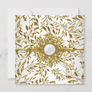 Convites Elegante Floral Dourado Branco Jóia 21º Aniversári