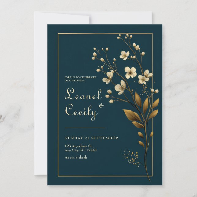 Convites Elegante Floral Dourado Casamento Azul Marinho (Frente)