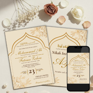 Convites Elegante Floral Dourado Masjid Casamento Muçulmano