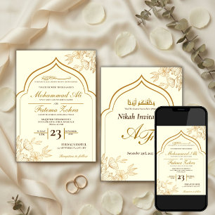Convites Elegante Floral Dourado Masjid Casamento Muçulmano
