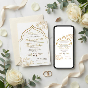 Convites Elegante Floral Dourado Masjid Casamento Muçulmano