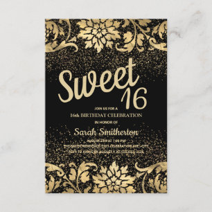 Convites Elegante Floral Dourado Preto Brilho Sweet 16