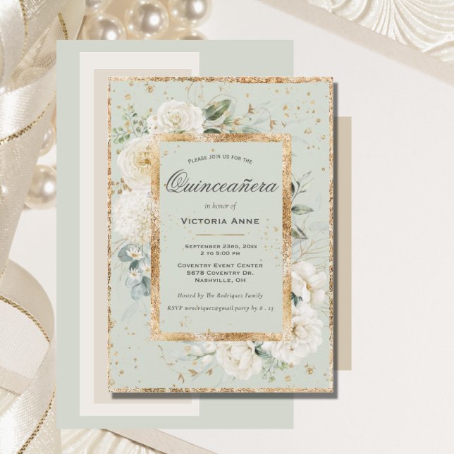 Convites Elegante Floral Dourado Sage Moderno Quinceañera (Criador carregado)