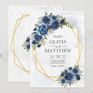 Convites Elegante Floral Dusty Blue e Marinho