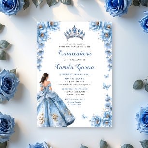 Convites Elegante Floral Dusty Blue Princess Quinceañera