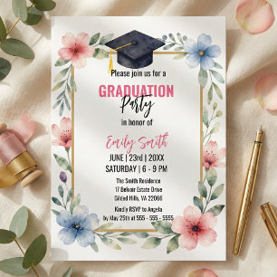 Convites Elegante Floral em Aquarela Rosa Azul Graduação
