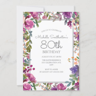 Convites Elegante Floral em Aquarela Roxa para 80º Aniversá