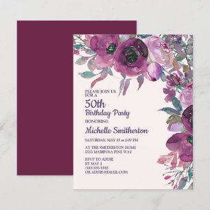 Convites Elegante Floral em Aquarela Roxa para Aniversário
