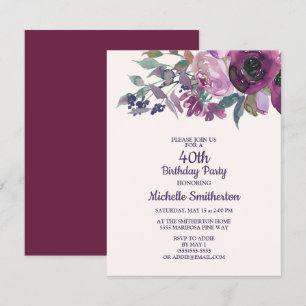 Convites Elegante Floral em Aquarela Roxa para Aniversário