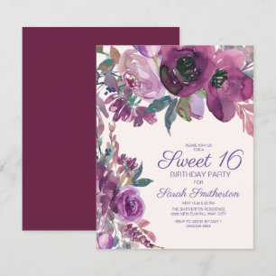 Convites Elegante Floral em Aquarela Roxo para Meninas de 1