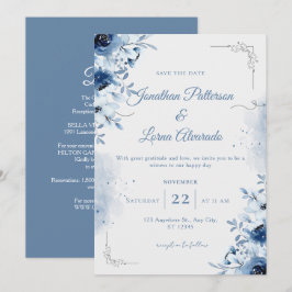 Convites Elegante Floral em Azul Poeira com Aquarela em Azu