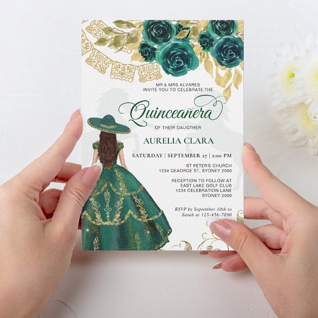Convites Elegante Floral Emerald Green Horse Quinceañera (Criador carregado)