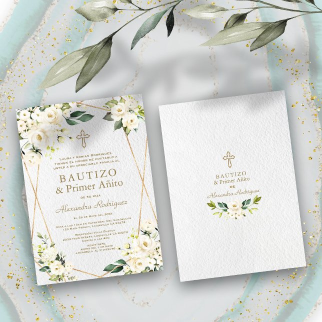 Convites Elegante Floral Espanhola Branco 1º Aniversário Ba (Criador carregado)