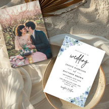 Elegante Floral Foto Casamento Azul Empoeirado