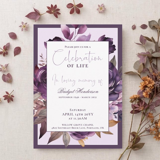Convites Elegante Floral Funeral Roxo Ameixa (Criador carregado)