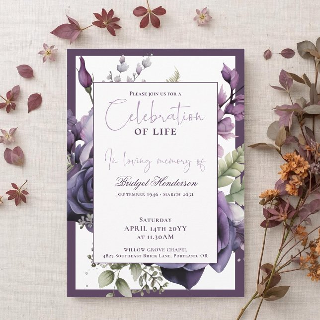 Convites Elegante Floral Funerário Roxo Ameixa (Criador carregado)