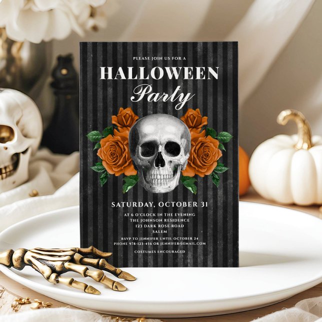 Convites Elegante Floral Gótico Caveira Halloween  (Elegant Gothic Roses & Skull Halloween Party Invitation)