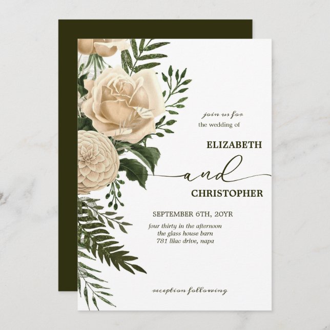 Convites Elegante Floral Greenery e Buquês de Creme Casamen (Frente/Verso)