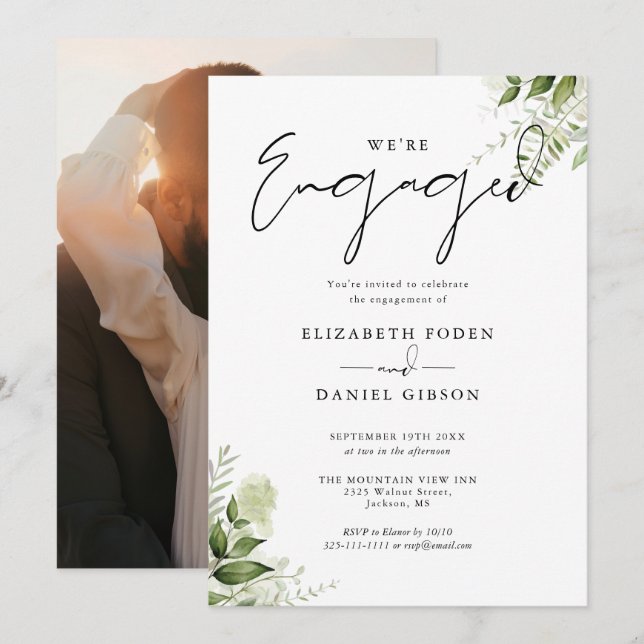 Convites Elegante Floral Greenery Festa de noivado Fotográf (Frente/Verso)