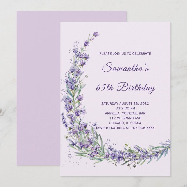 Convites Elegante Floral Lavanda 65º Aniversário (Frente/Verso)
